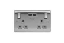 BG Double Socket Outlet Brushed Steel 2G Switched 2 USB Ports